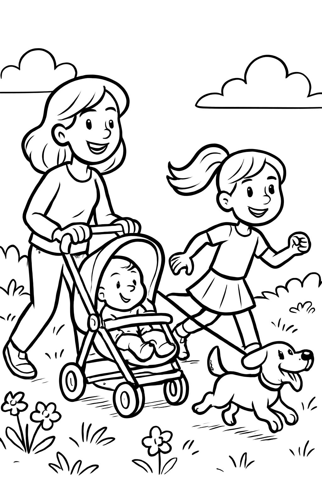 A mom with a baby in a stroller and the sister leading the child who is walking the dog around a sweet little flower meadow