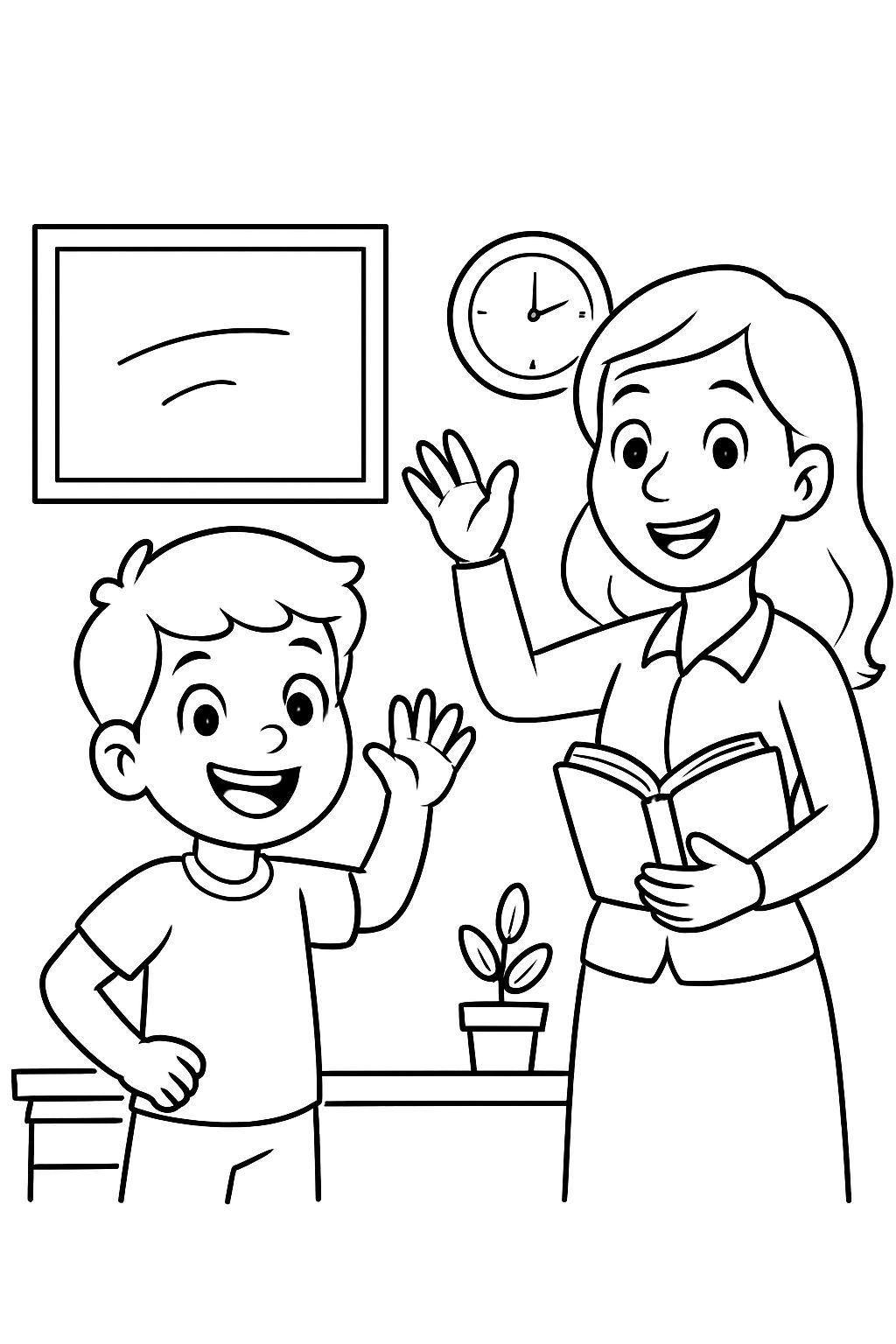 A young boy with a young girl teacher.