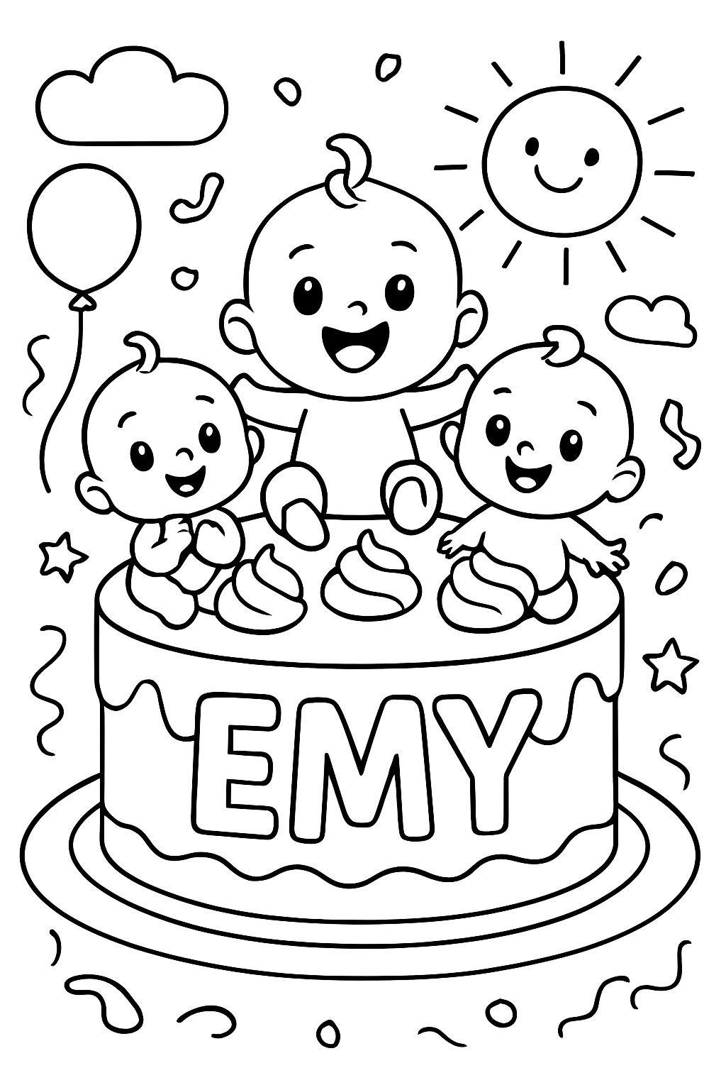 Um bolo com o nome Emy e, em cima do bolo, haverá bolos de bebê fofos.