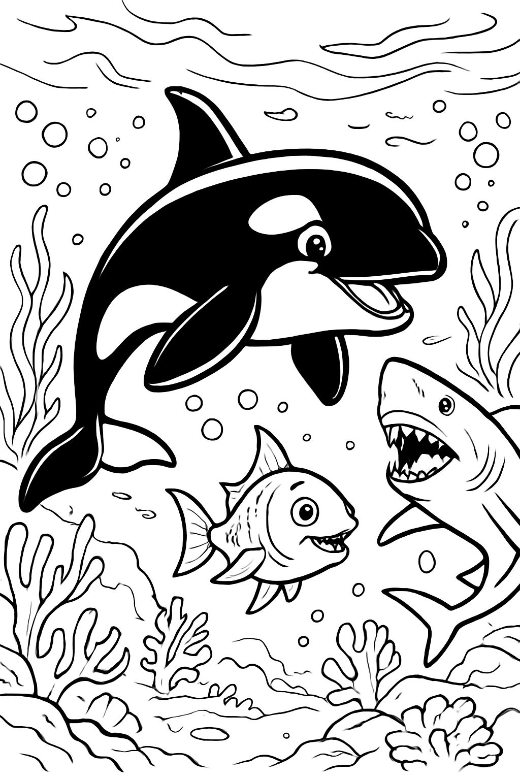 Mundo subaquático com orca, tubarão e um peixe Mundo subaquático com orca, tubarão e um peixe