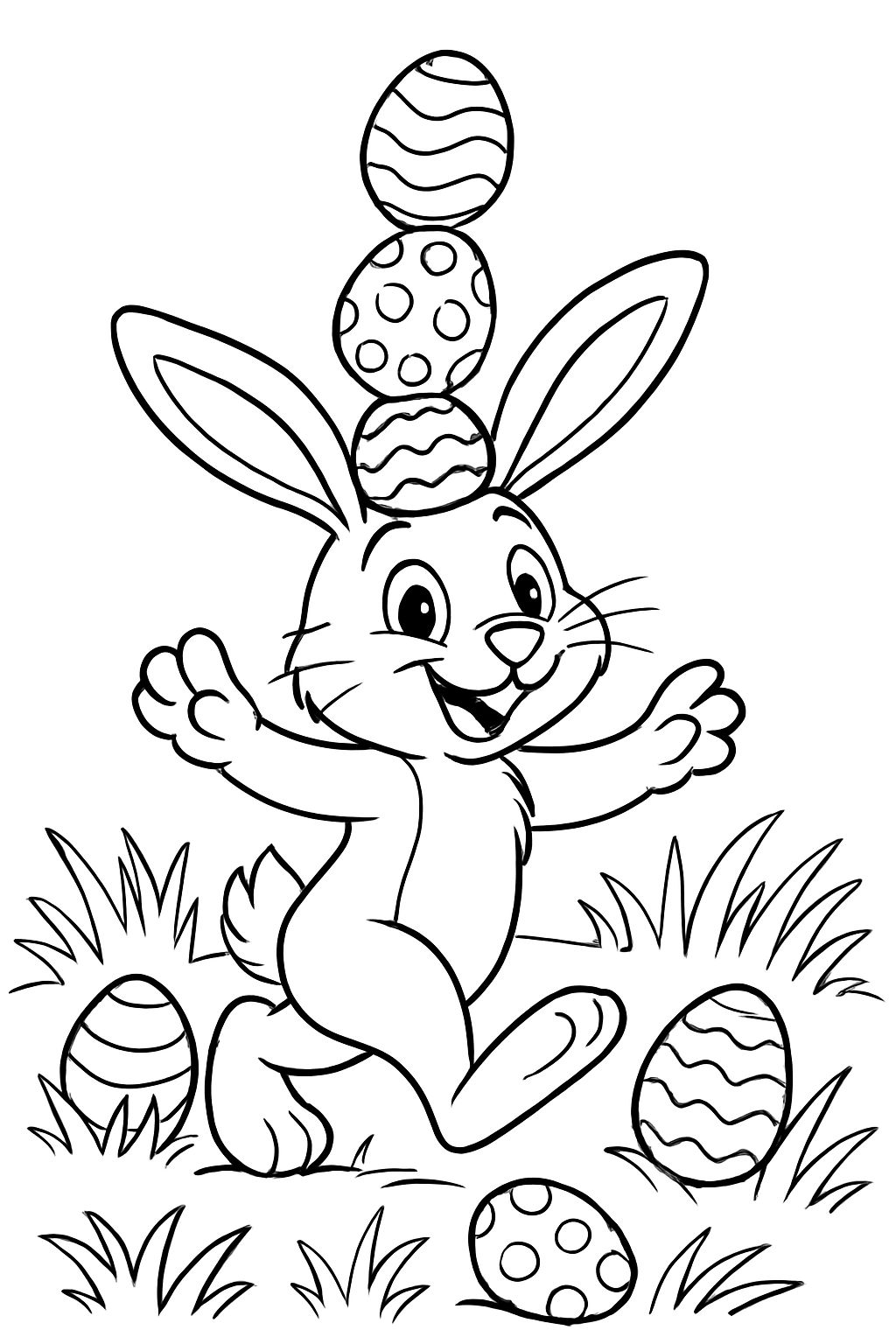 simple coloring page for kids of a walking rabbit balancing easter eggs on his head surround by grass and easter eggs on the grass, black #000000 and white #ffffff, line art, thick lines, coloring book style, white background color #ffffff. no text, portrait mode simple coloring page for kids of a walking rabbit balancing easter eggs on his head surround by grass and easter eggs on the grass, black #000000 and white #ffffff, line art, thick lines, coloring book style, white background color #ffffff. no text, portrait mode