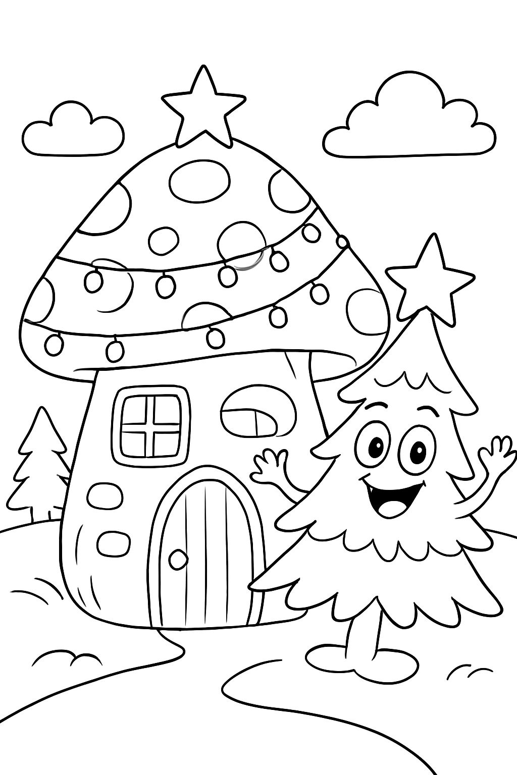 Casa cogumelo com árvore de Natal