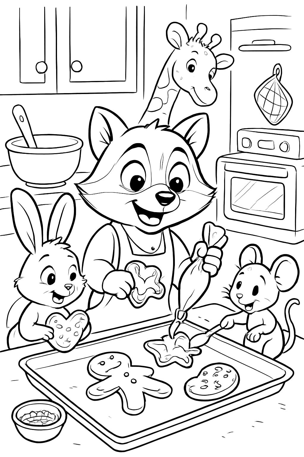 Niedliche Tiere in der Küche, die Kekse dekorieren.