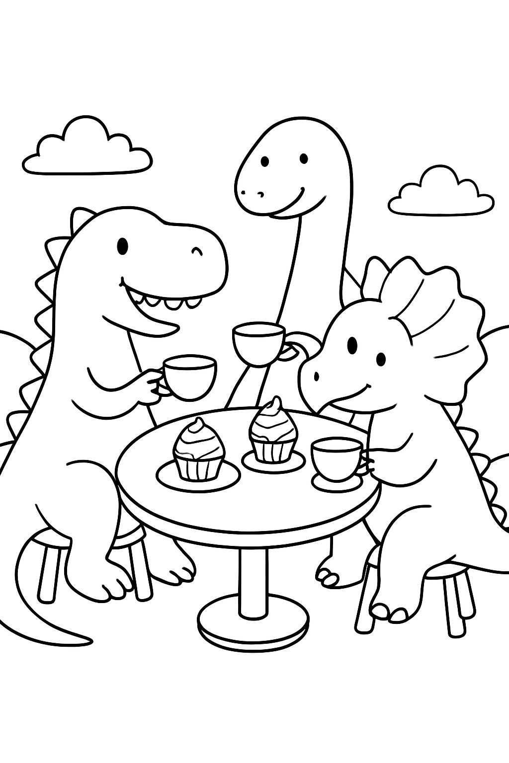 friendly dinosaurs sitting at a round table sipping tea and eating cupcakes friendly dinosaurs sitting at a round table sipping tea and eating cupcakes