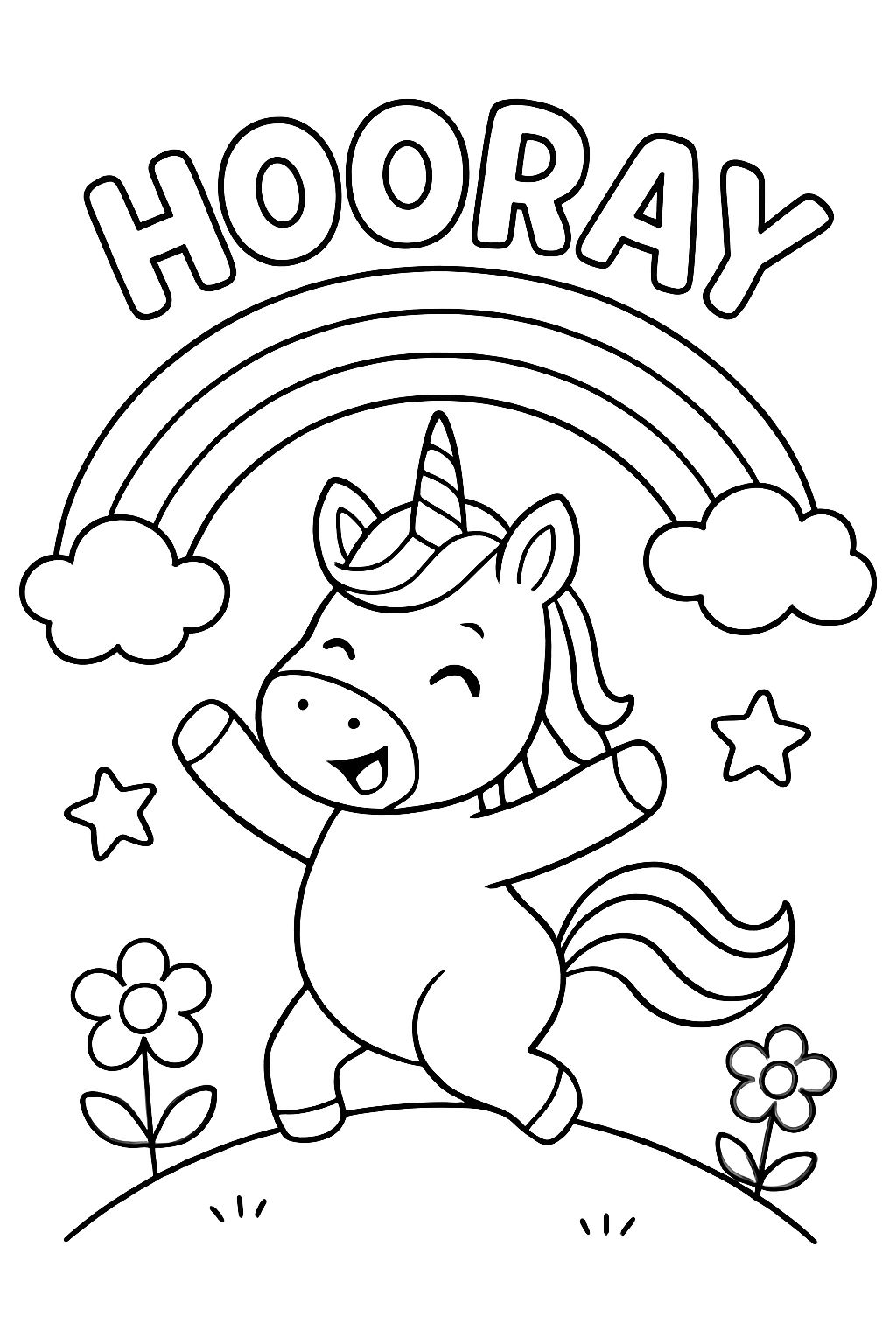 Licorne sous un arc-en-ciel disant hourra