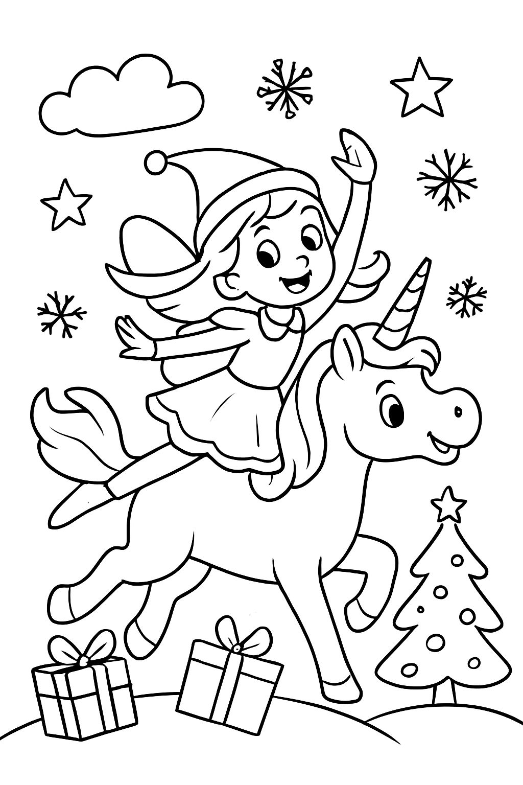 Fée de Noël faisant de la voltige sur un unicorn