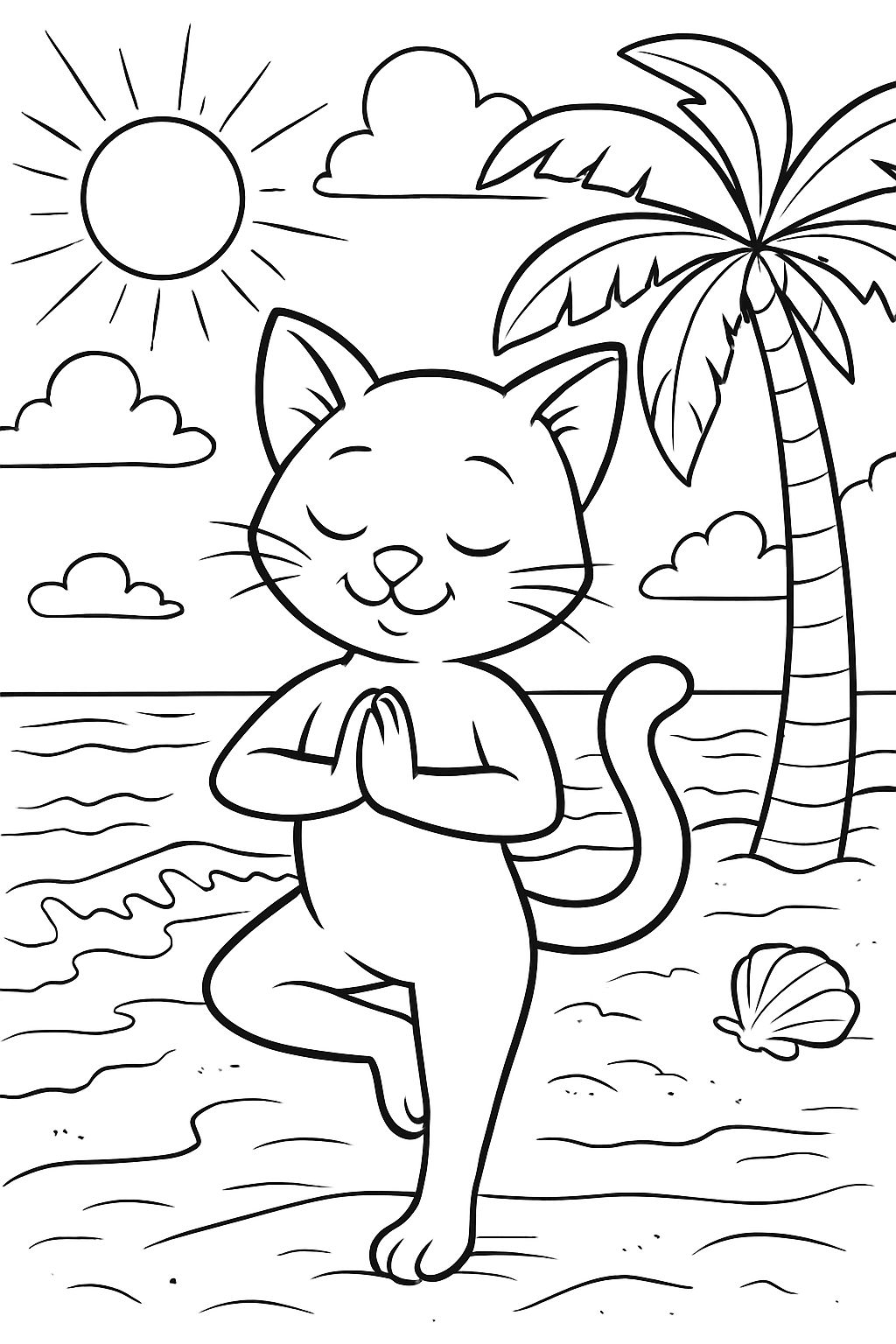 Chat qui fait du yoga sur la plage