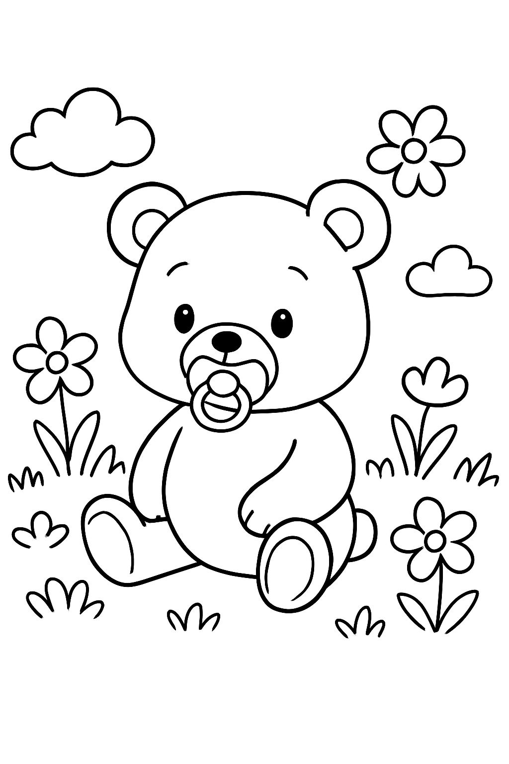 Ours avec une tétine dans un champ de fleurs