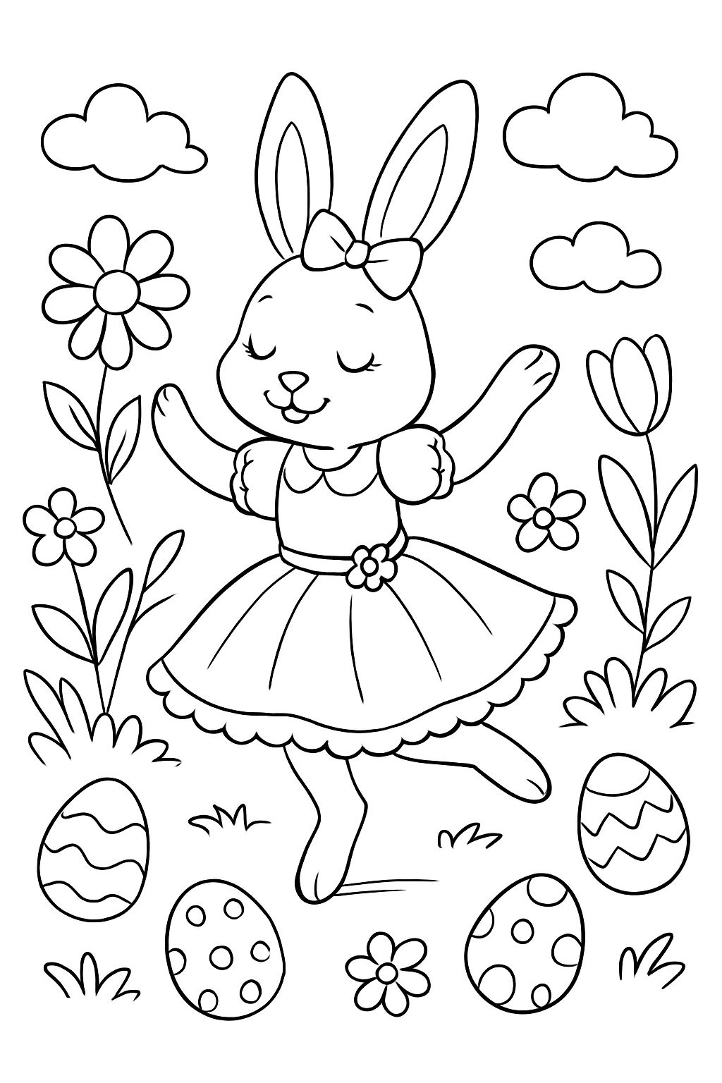 a female Easter bunny in a beautiful dress dancing among colorful spring flowers and Easter eggs a female Easter bunny in a beautiful dress dancing among colorful spring flowers and Easter eggs