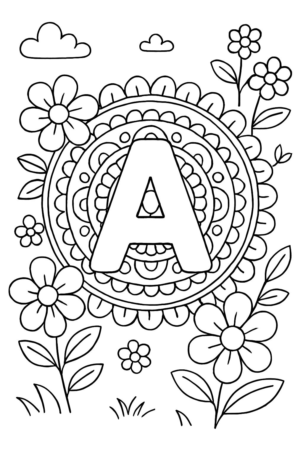 Mandala avec la lettre A et des fleurs autour