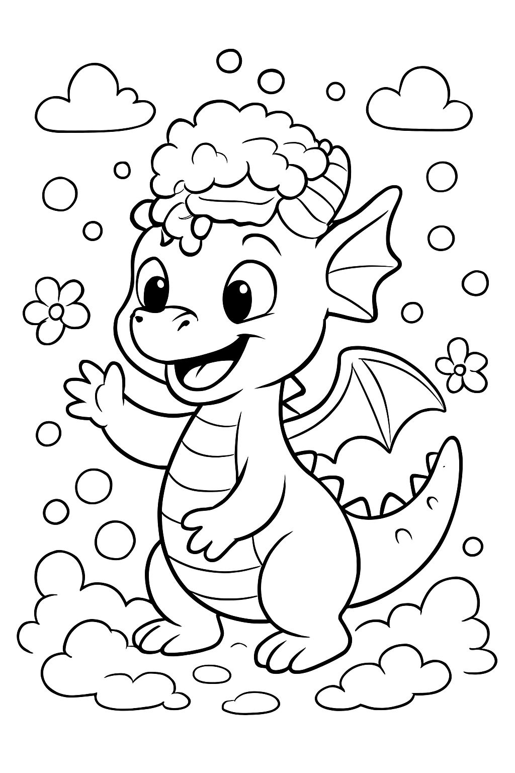 ein Babydrache, der Seife auf seinen Kopf gibt