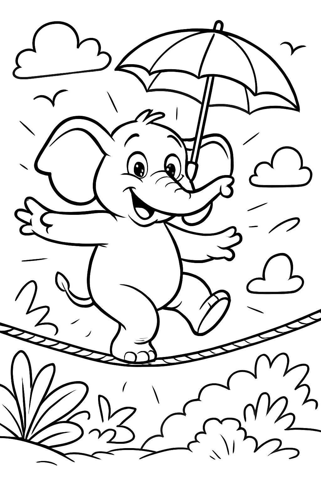 Elephant balancing on a tightrope with an umbrella in hand Elephant balancing on a tightrope with an umbrella in hand