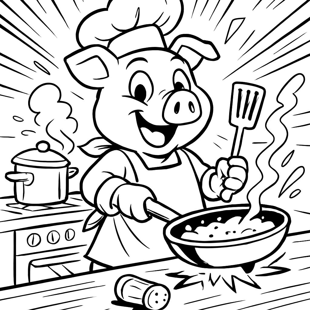 Um porco cozinhando com um avental Um porco cozinhando com um avental