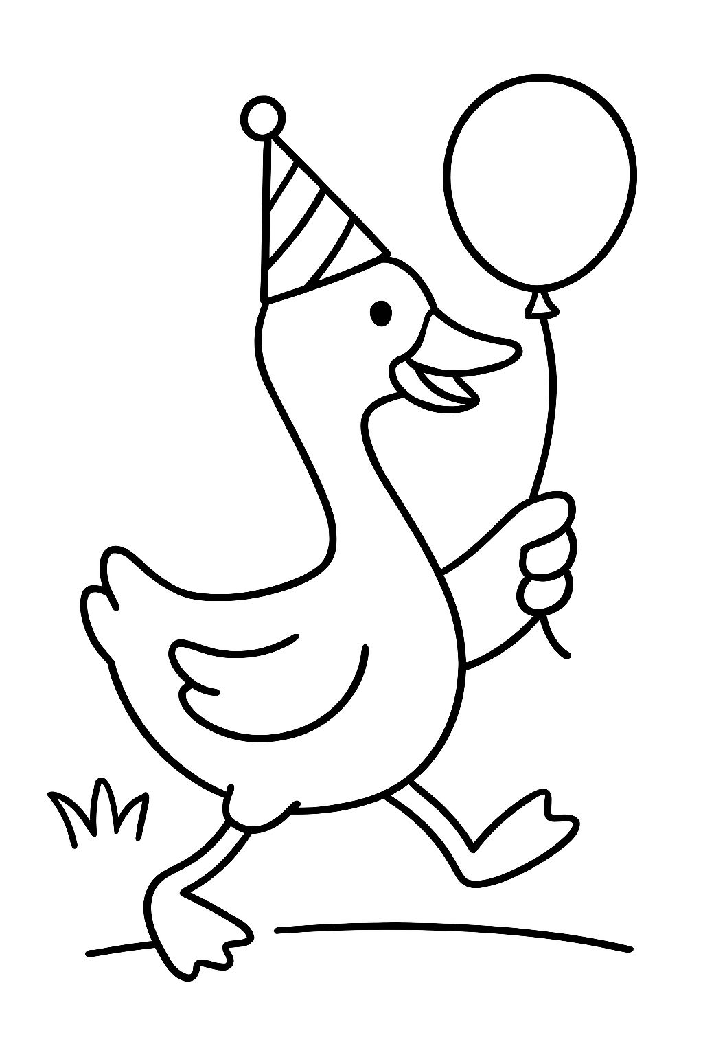 Goose with party hat and balloon running.