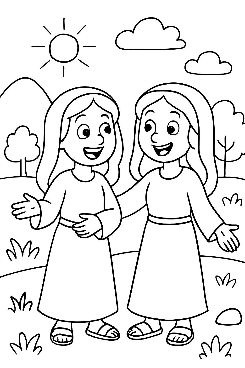 Ruth and Naomi, characters from the Bible. The drawing should be simple yet playful, geared towards children aged 4-5 to color. Ruth and Naomi, characters from the Bible. The drawing should be simple yet playful, geared towards children aged 4-5 to color.