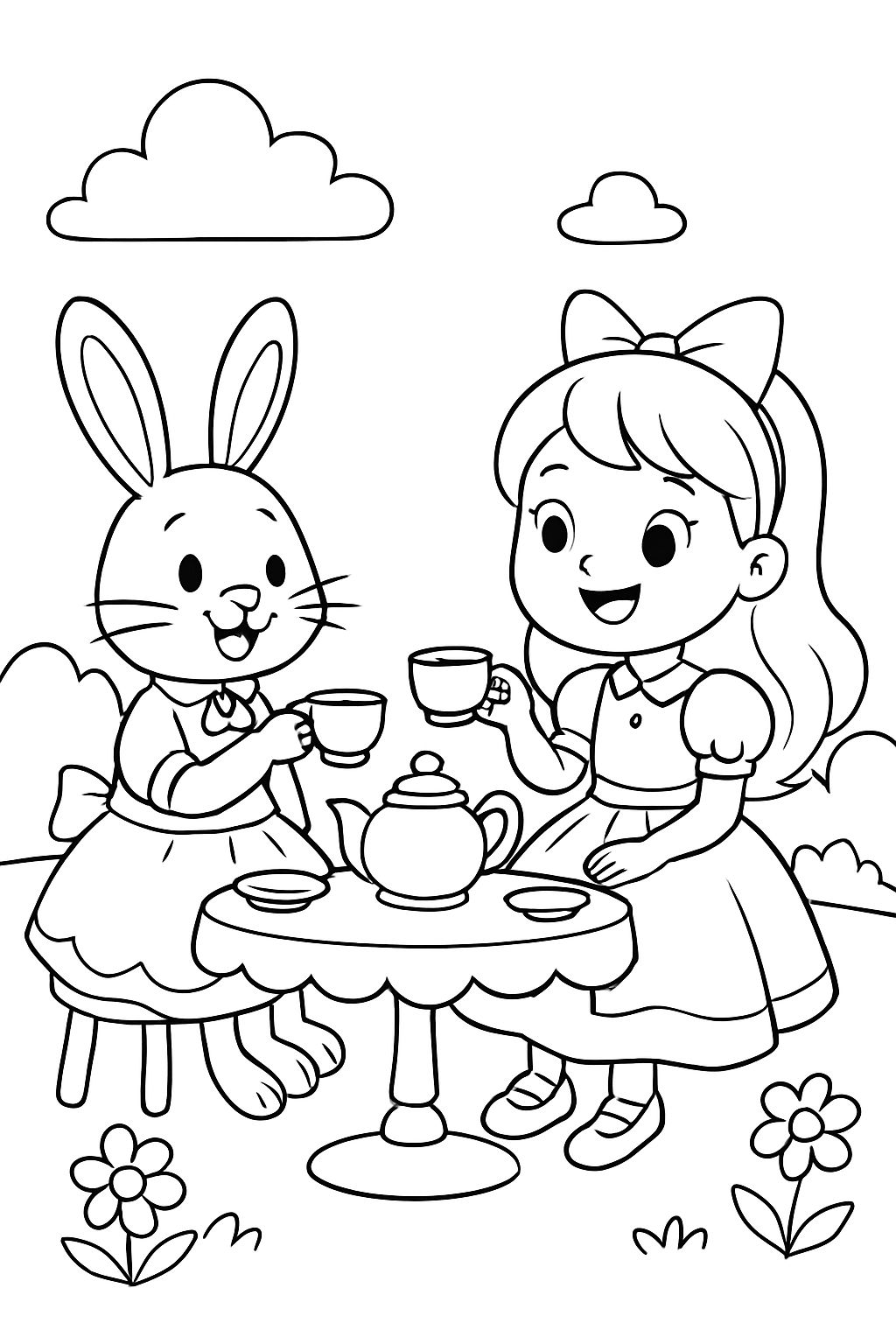 Bunny and a girl wearing fancy dresses and shoes having tea.