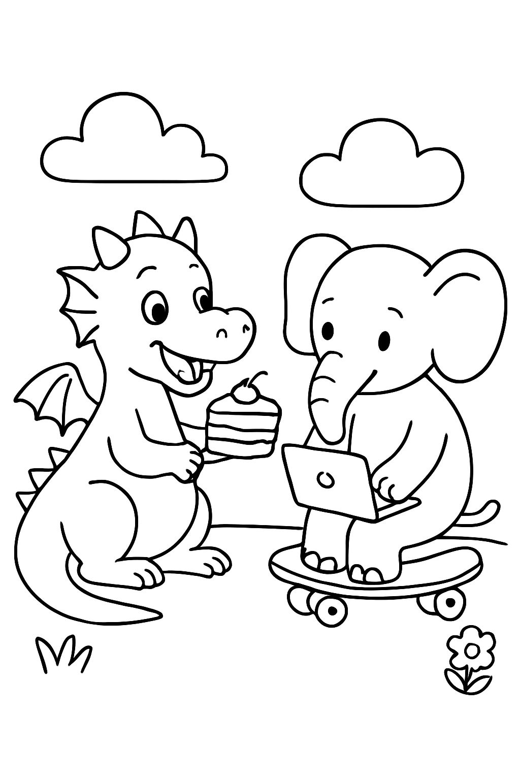 un dragon mangeant un gâteau avec un éléphant tapant sur un skateboard