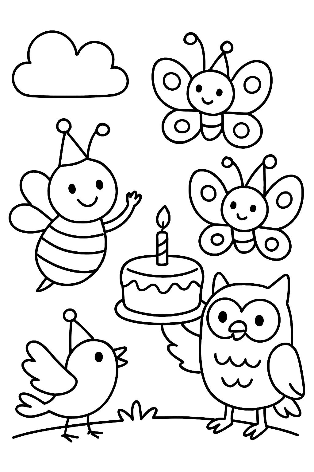 Une abeille, deux papillons, un hibou et un oiseau célébrant un anniversaire Une abeille, deux papillons, un hibou et un oiseau célébrant un anniversaire