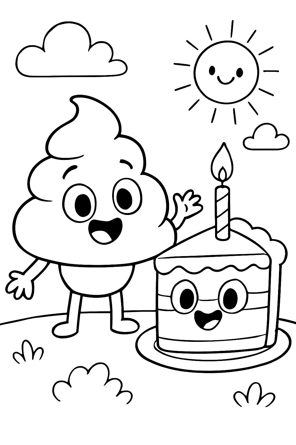 Caca mignon avec des yeux et un gâteau