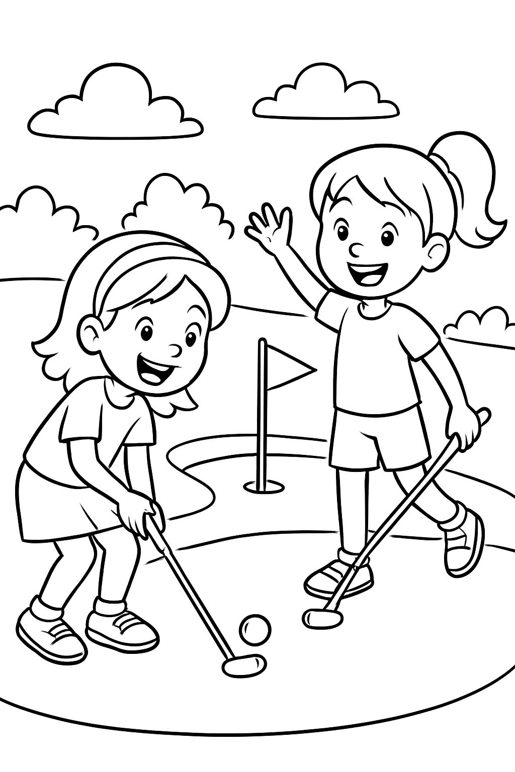 Two girls playing minigolf, few details