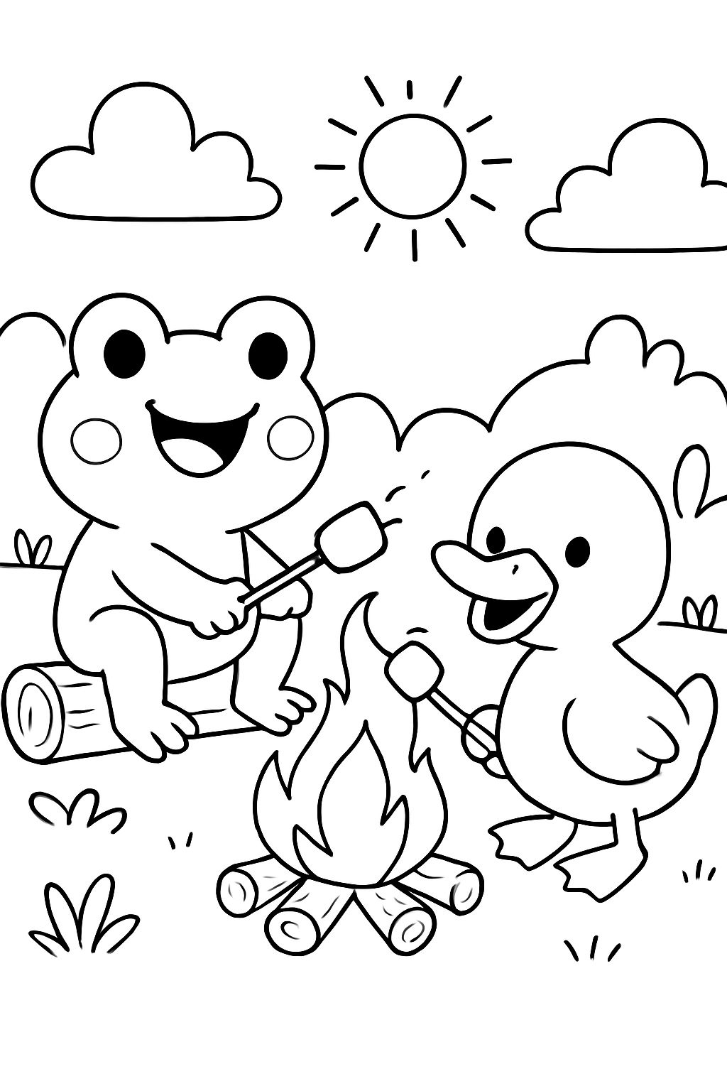 A cute frog roasting marshmallows with a cute duck friend.