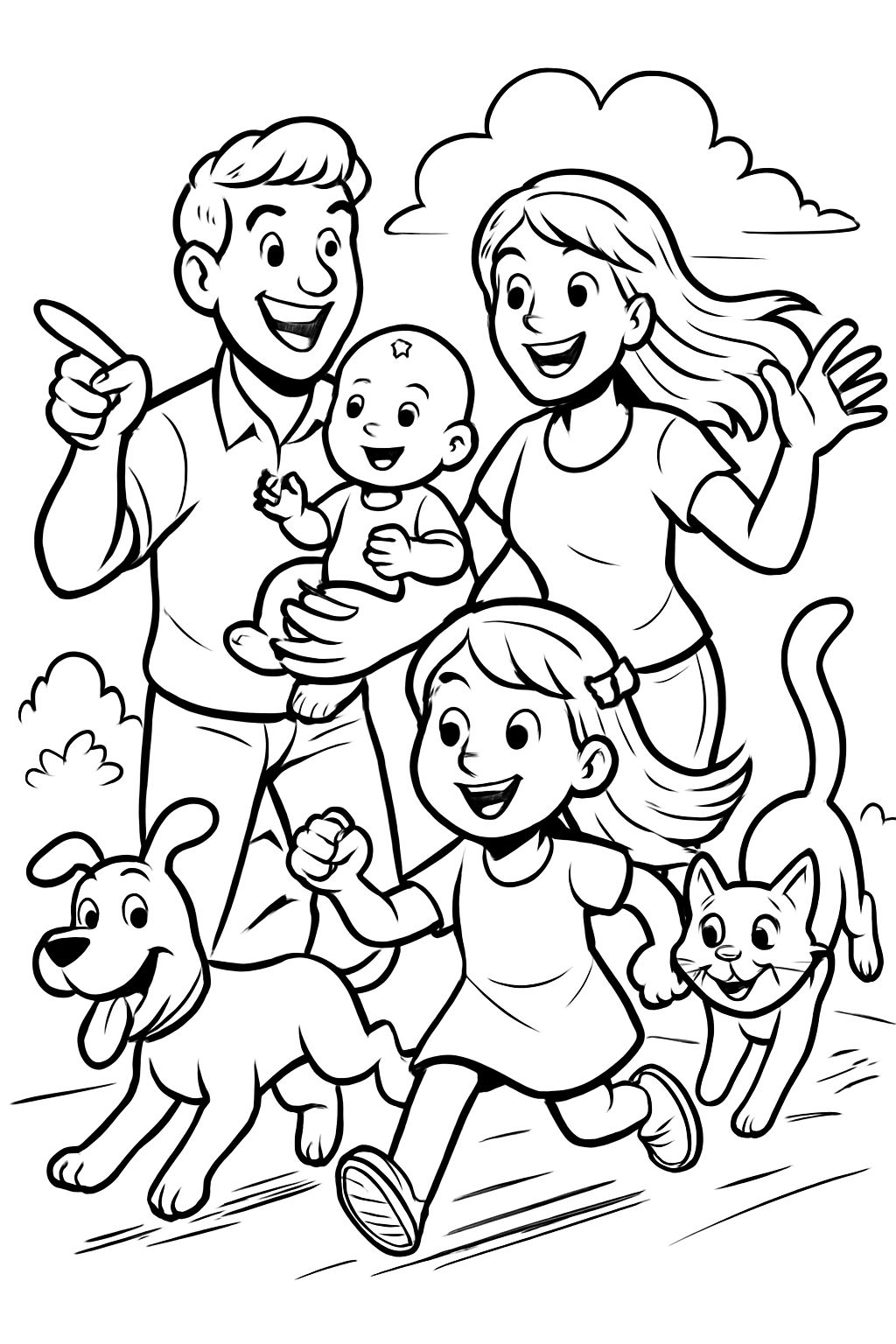 Famille de Papa, Maman, Bébé, fille, chien et chat
