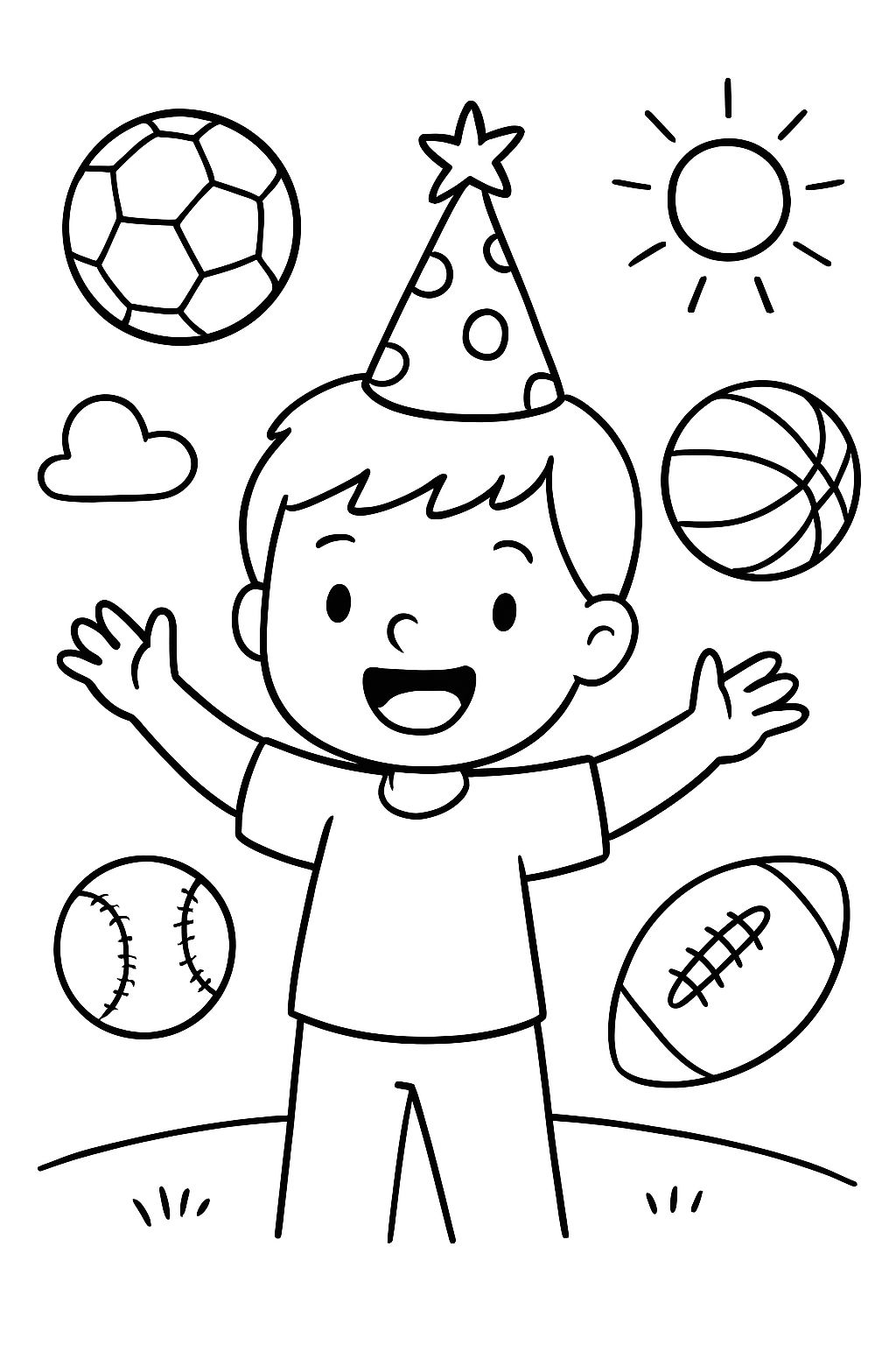 A birthday boy surrounded by different sports balls