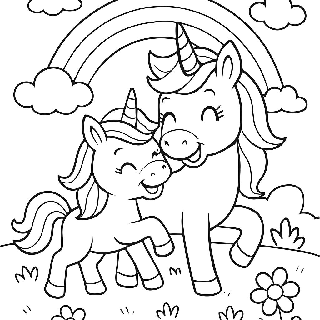 Bébé licorne avec sa maman sous un arc-en-ciel Bébé licorne avec sa maman sous un arc-en-ciel