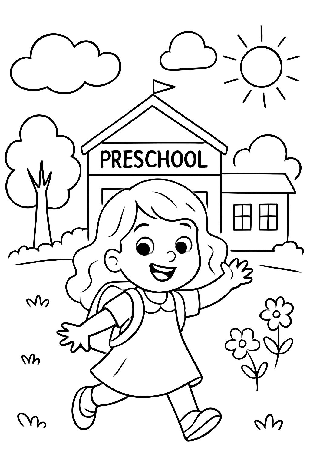 Erster Tag im Kindergarten. Kleines Mädchen mit welligem Haar, das ein Kleid trägt. Erster Tag im Kindergarten. Kleines Mädchen mit welligem Haar, das ein Kleid trägt.