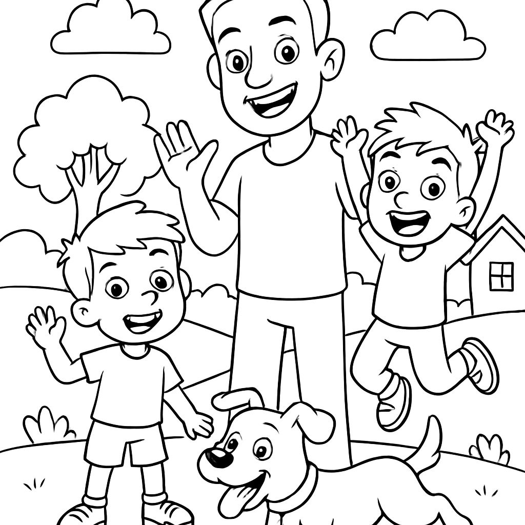 2 irmãos, pai, cachorro 2 irmãos, pai, cachorro