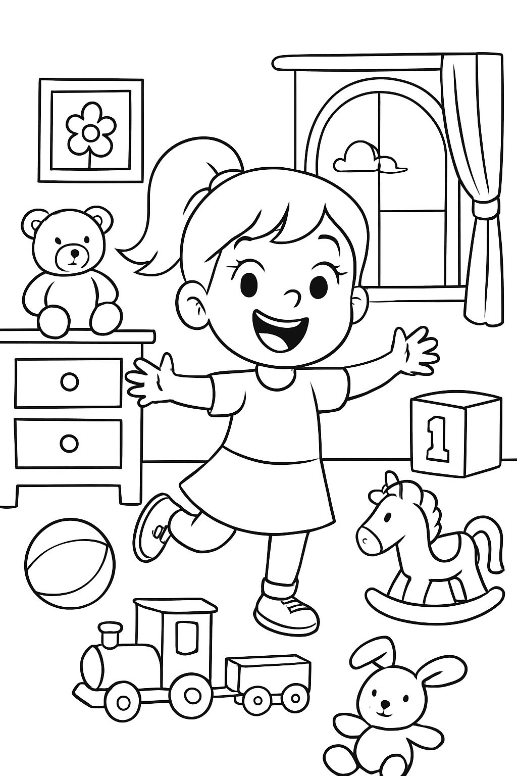 Niña de 6 años con una coleta en su habitación llena de juguetes Niña de 6 años con una coleta en su habitación llena de juguetes