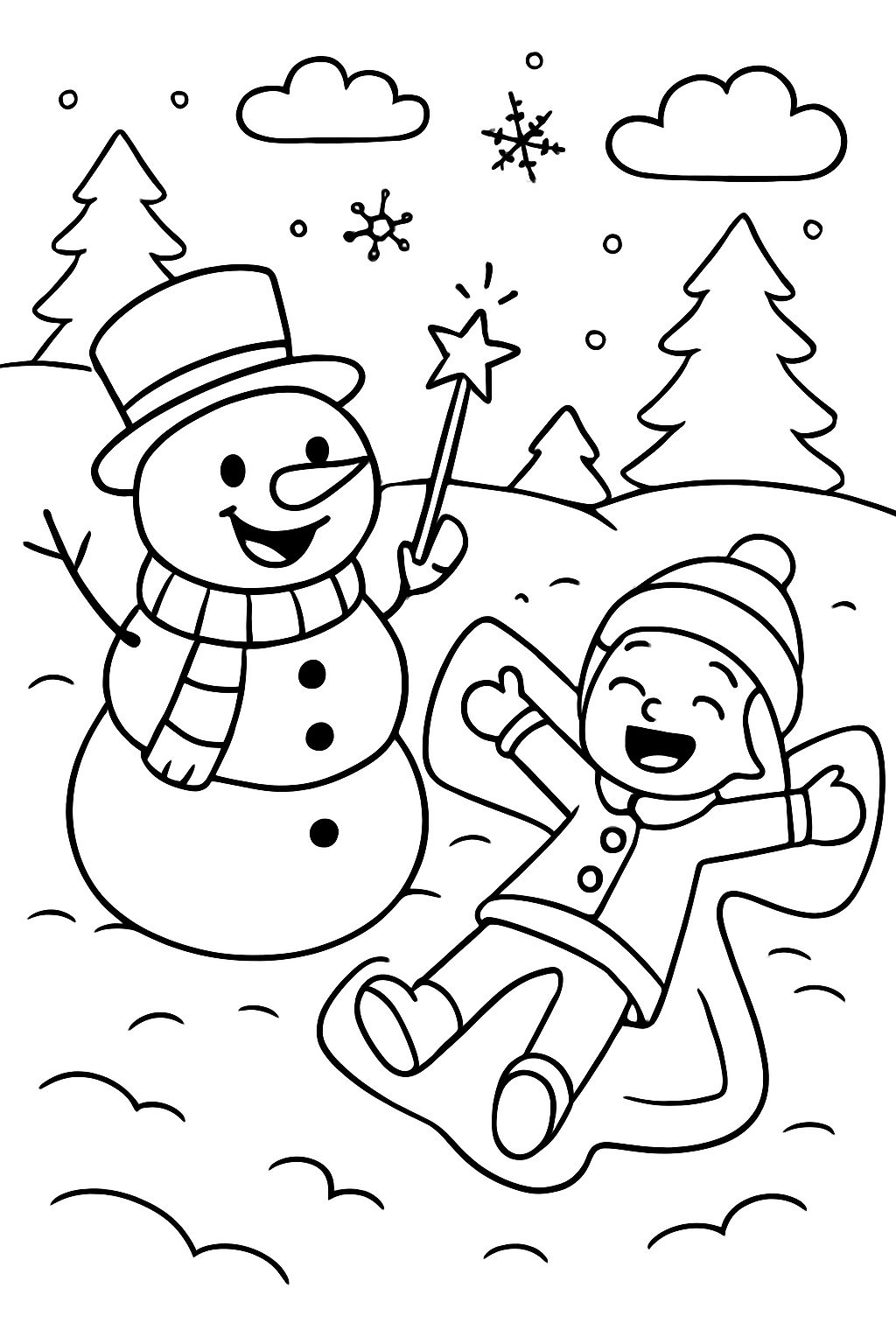 Um boneco de neve e um anjo de neve com uma varinha de marshmallow e um cartão.