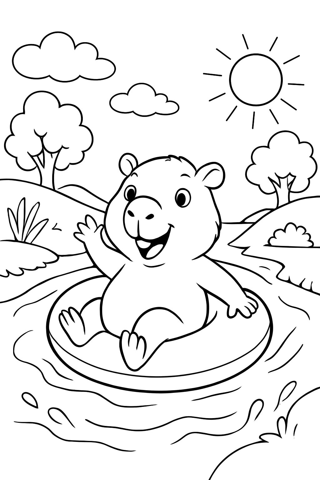 A capybara floating down a river in a pool float.