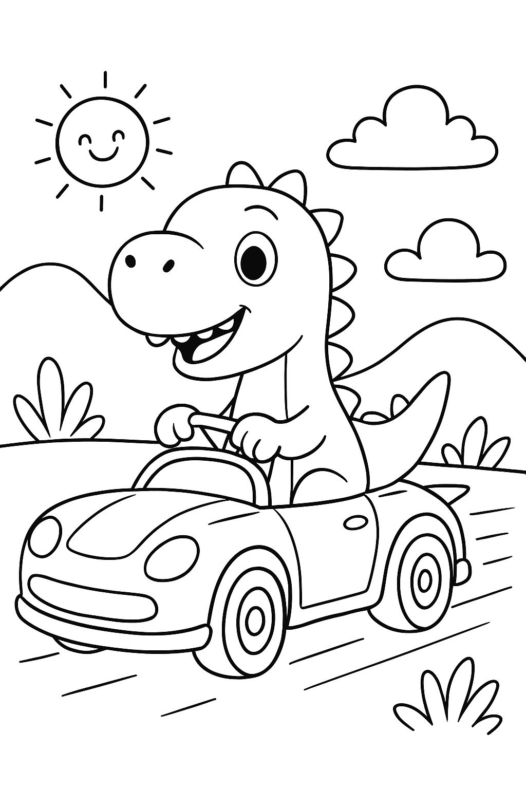 Dinosaur driving a fast car