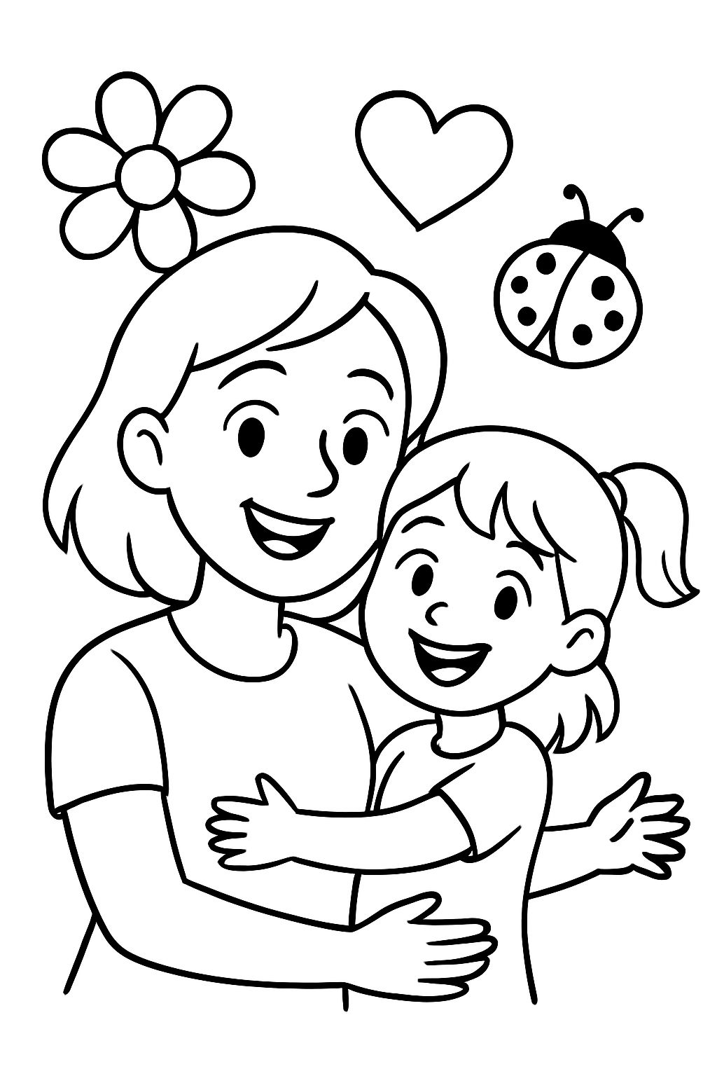 40-year-old woman with shoulder-length hair and a ladybug flower and heart, with 'my little one' written with a 6-year-old girl.