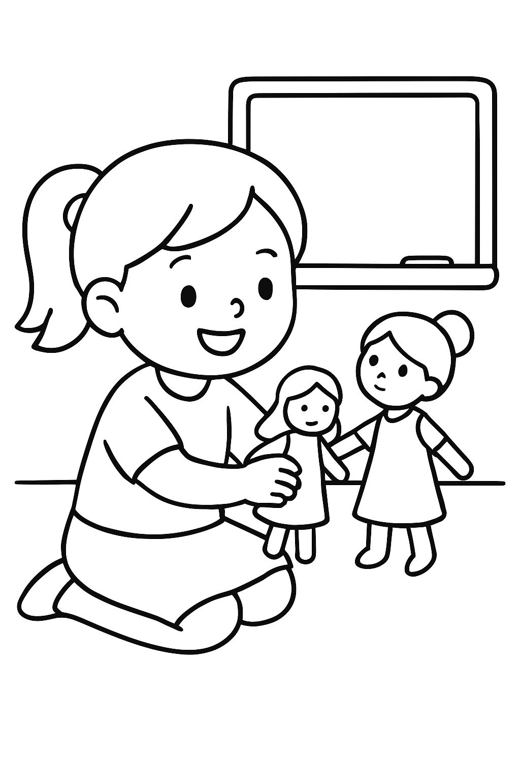 Uma menina brincando com bonecas para a professora.