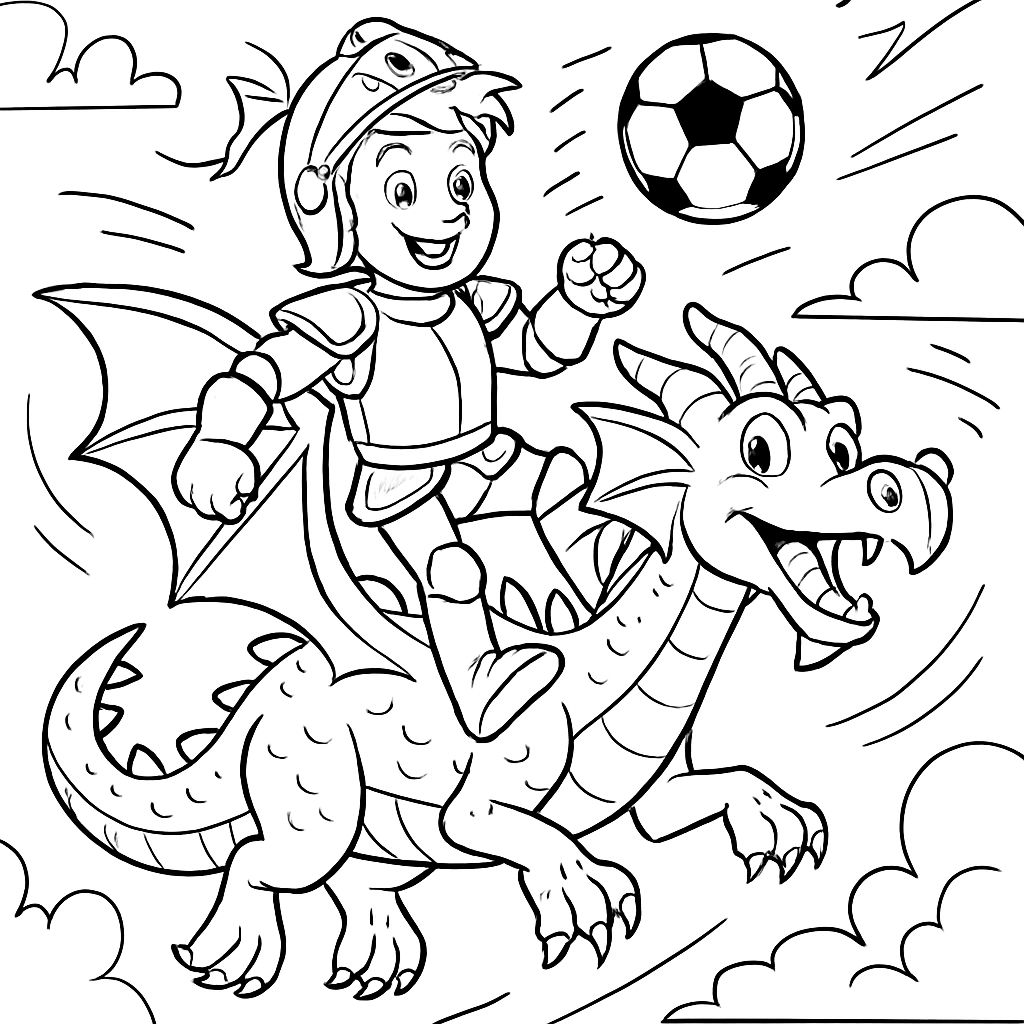 Jungen der auf einem Drachen im Ritterkostüm sitzt und Fussball spielt Jungen der auf einem Drachen im Ritterkostüm sitzt und Fussball spielt
