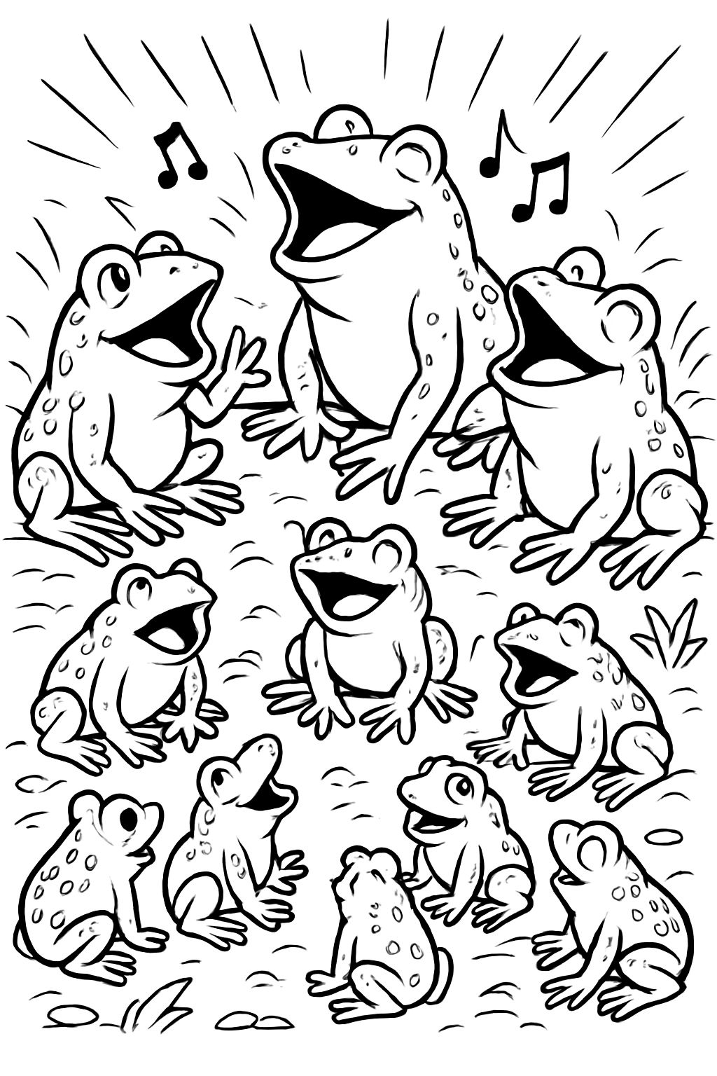 12 rãs. 9 delas são pequenas, 3 são grandes. Todas estão sentadas em círculo no chão e cantando. 12 rãs. 9 delas são pequenas, 3 são grandes. Todas estão sentadas em círculo no chão e cantando.