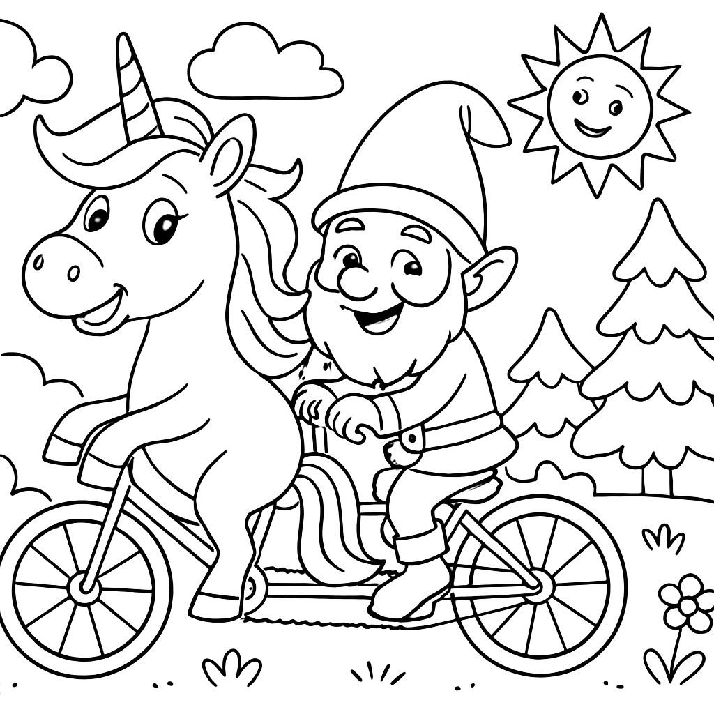 A unicorn and a gnome riding a tandem bike