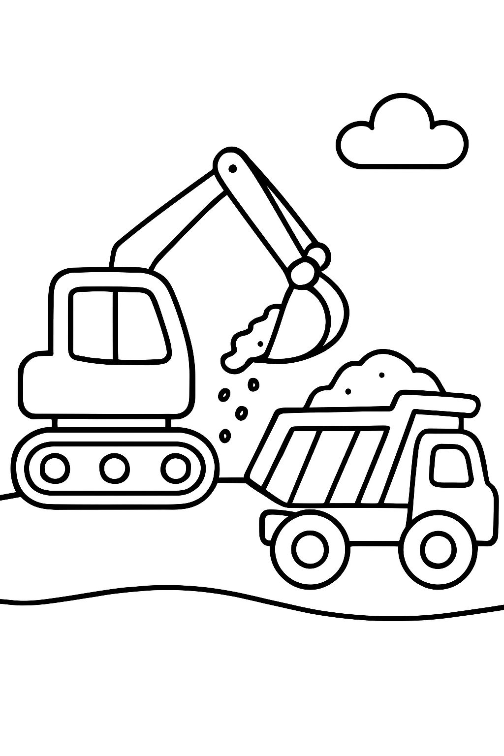 a digger scoops sand into a dump truck