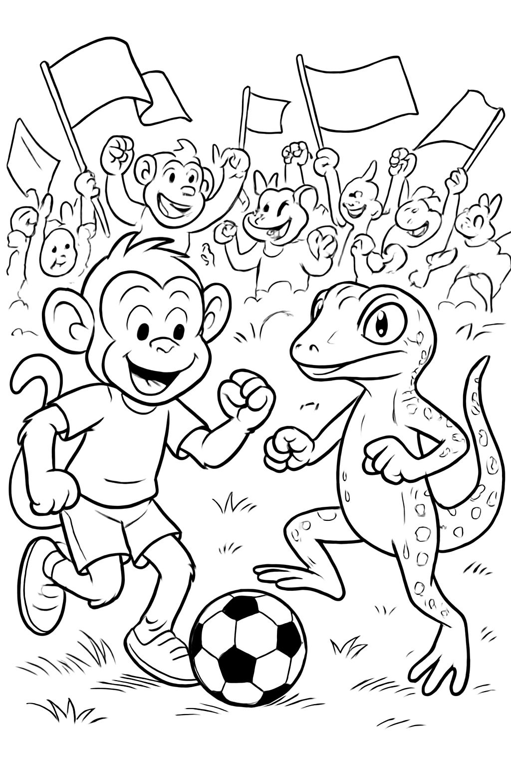 A monkey and a gecko playing football against each other with mixed monkey and gecko fans waving flags A monkey and a gecko playing football against each other with mixed monkey and gecko fans waving flags