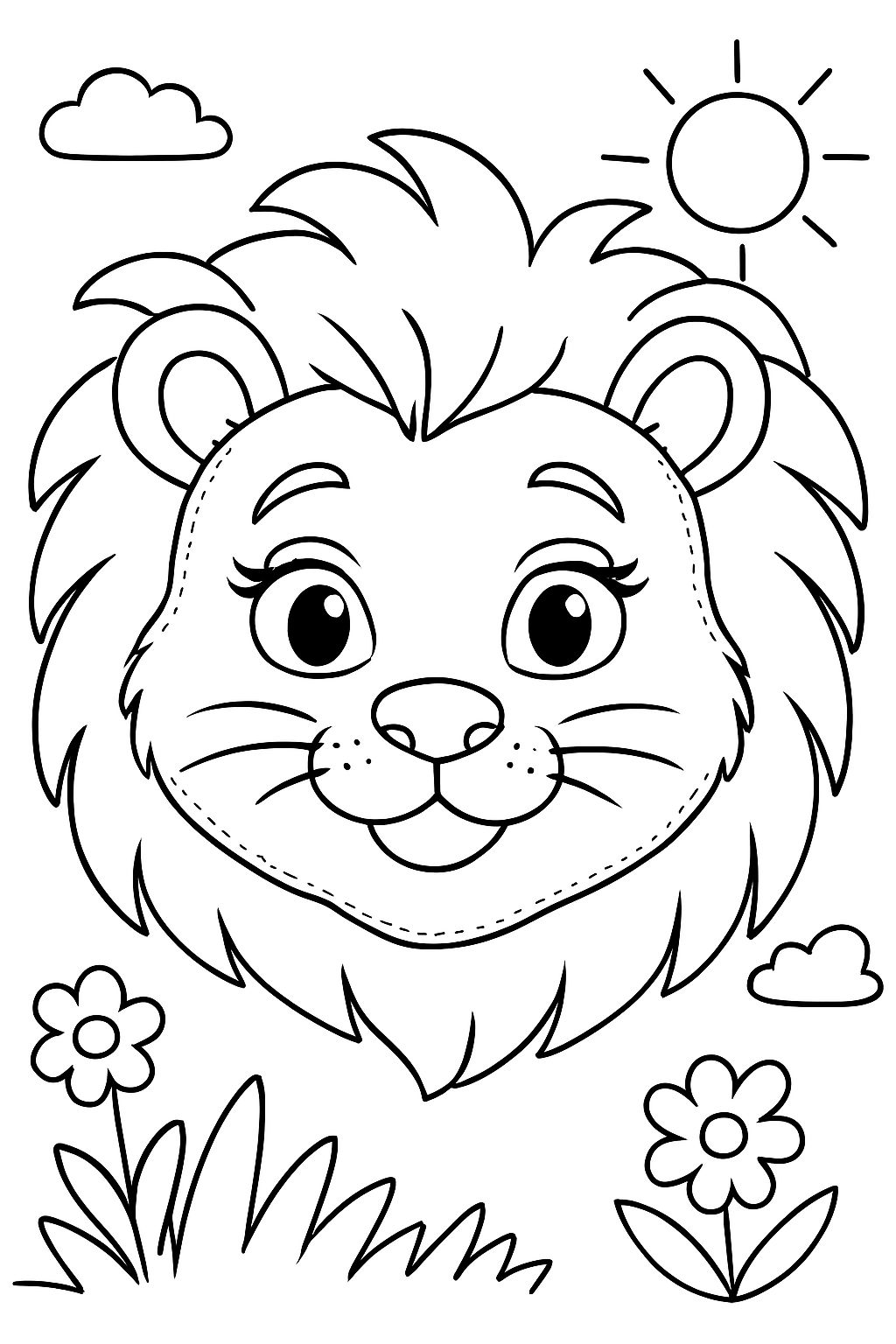 Eine Löwenmaske zum ausschneiden und ausmalen, wo die Augen, die Nase und der Mund frei bleibt, die Wangen aber etwas bedeckt. Mit schönen weiblichen augen und einer tollen Mäne