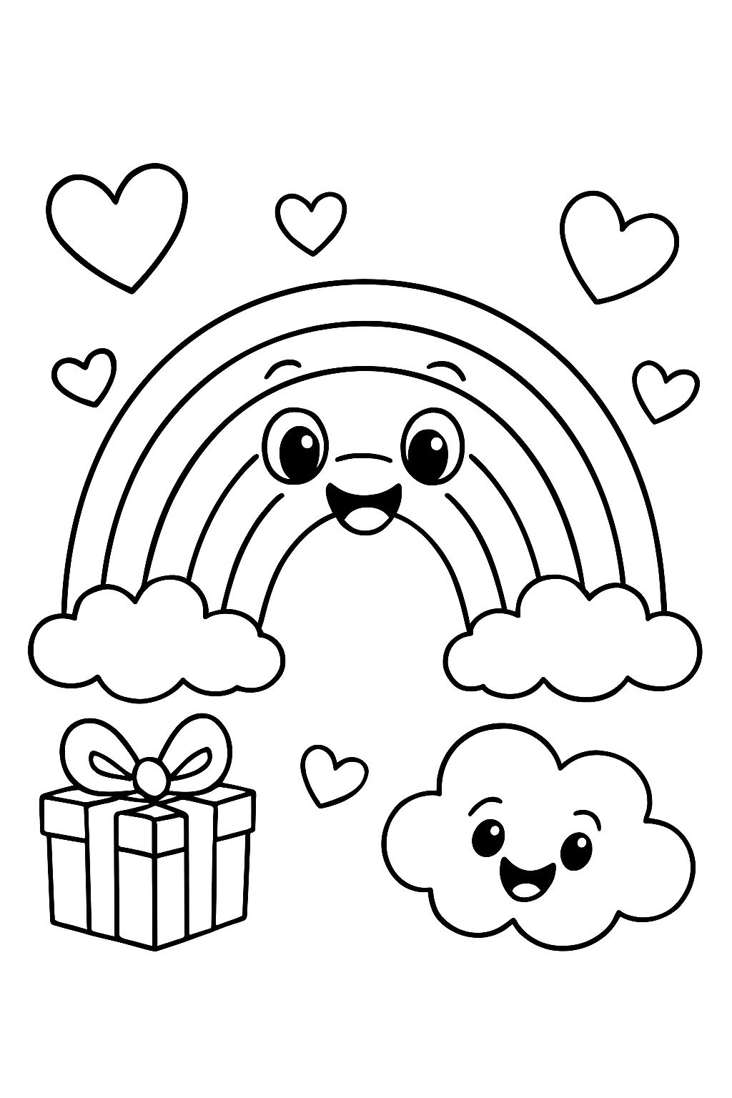 Regenbogen mit Augen, Herzen und Geschenken