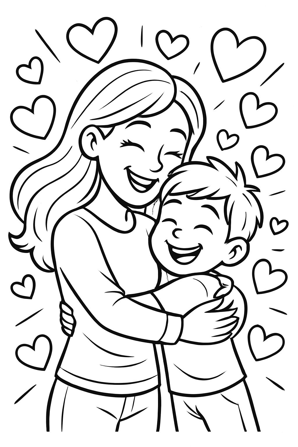An image of a mom with her son embracing each other and surrounded by many hearts.
