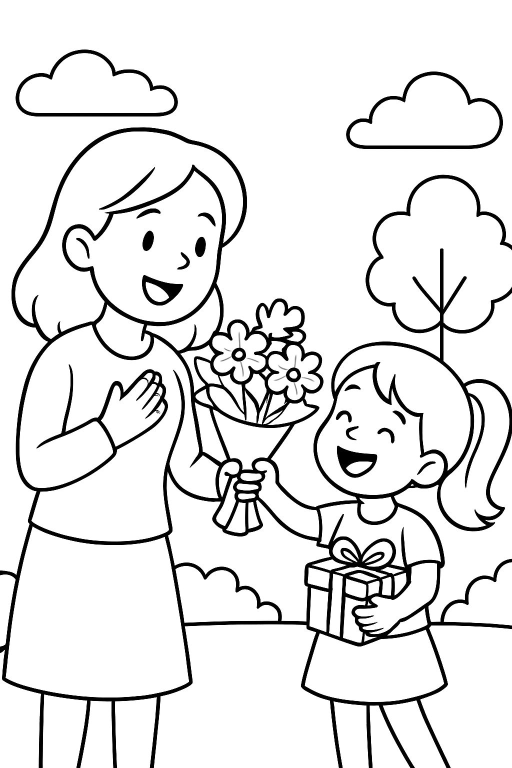 a daughter gives her mother a bouquet of flowers with gifts