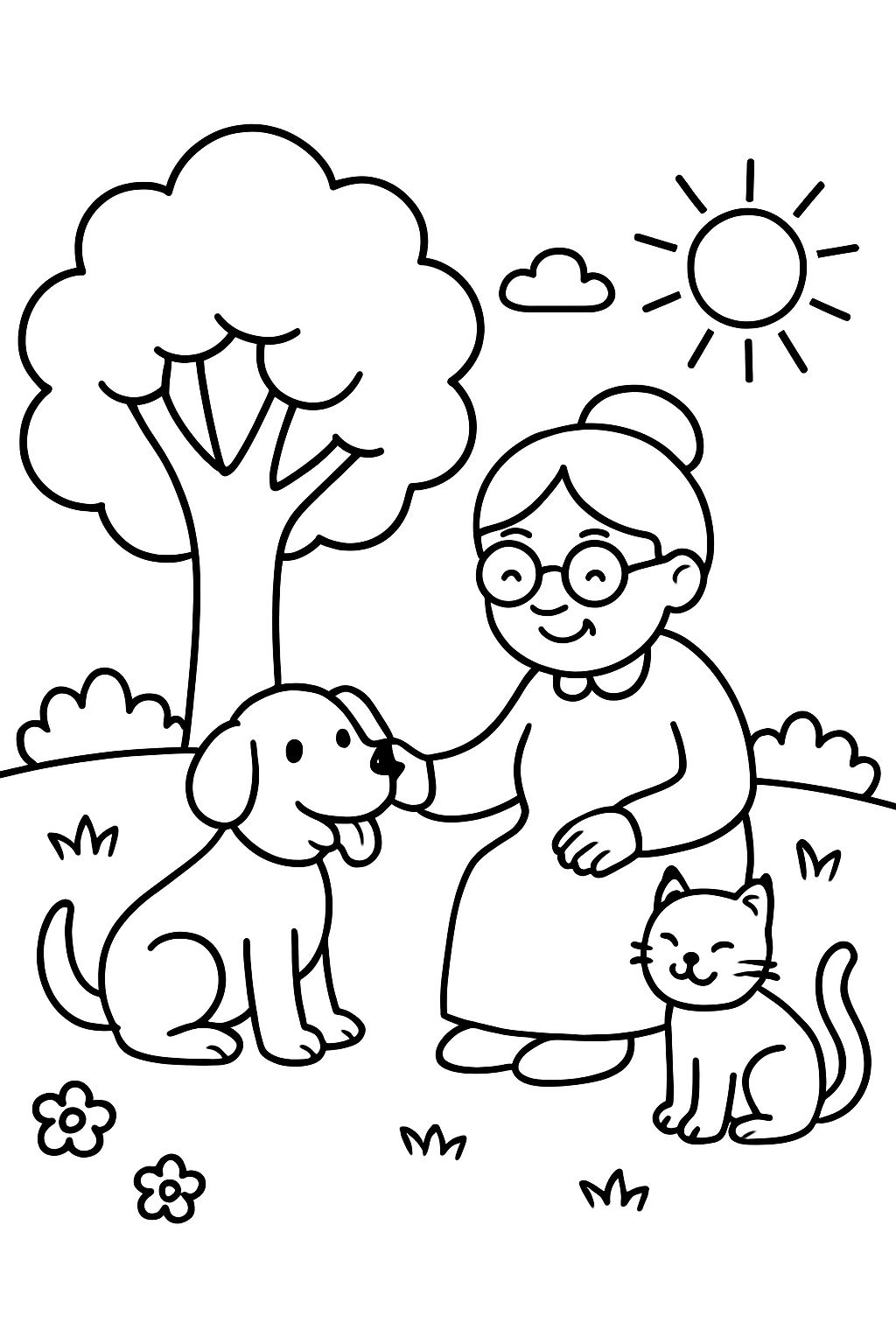 Baum auf einer wiese mit hund und katze und oma helga