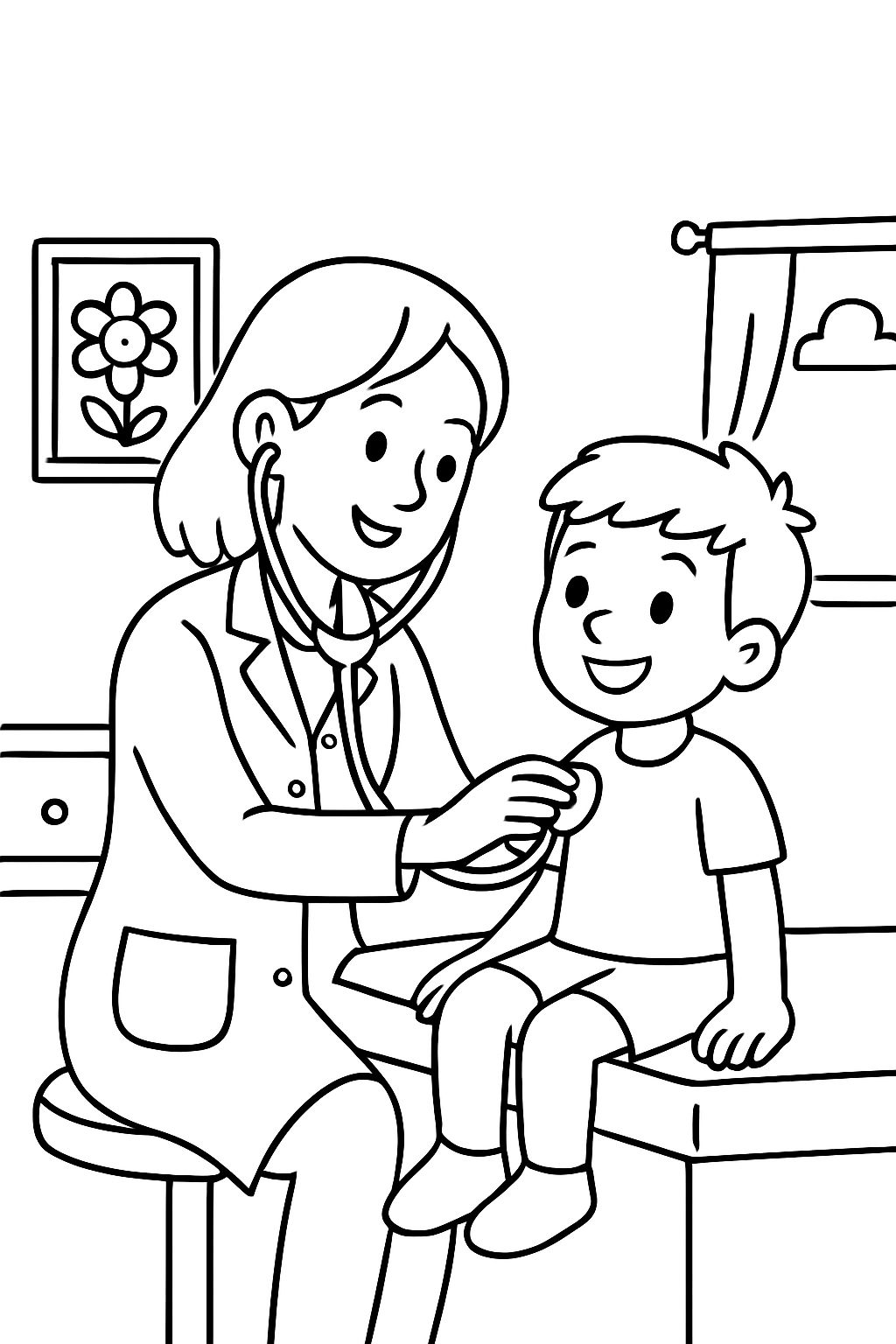 A pediatrician listening to a child.