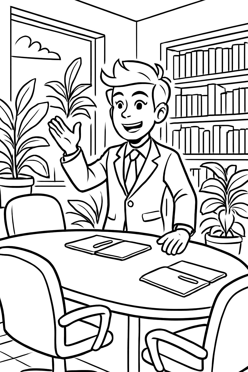 A conference room with plants and a library.