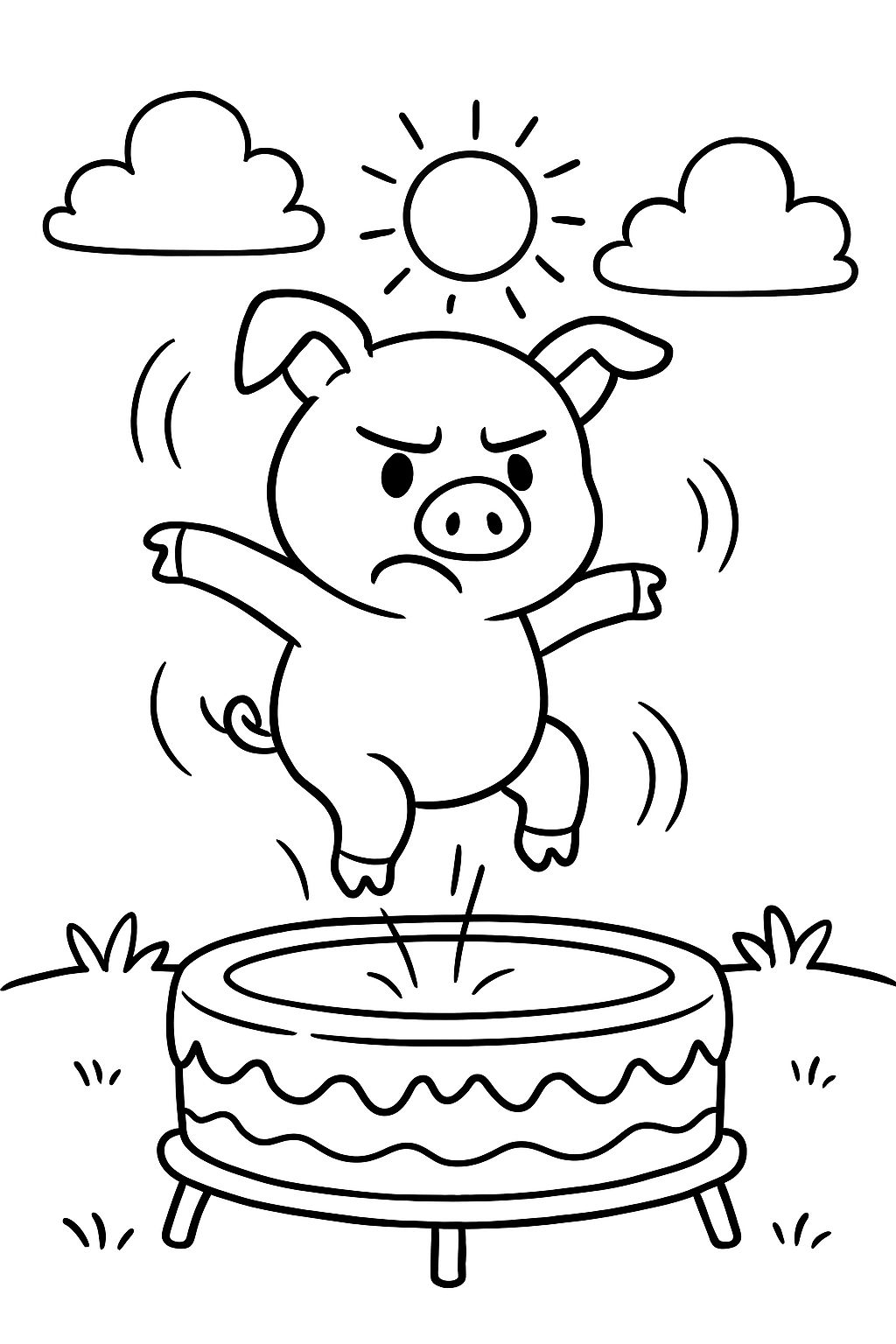 a frowning pig standing on two legs bouncing on a trampoline made of cake