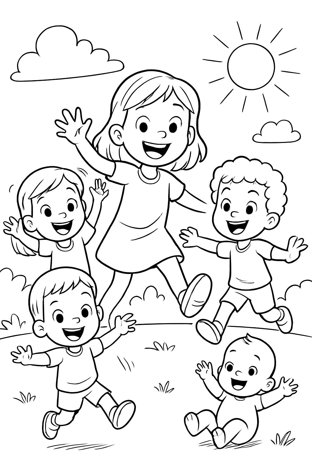 A six-year-old girl with a four-year-old girl, a four-year-old boy, two two-year-old boys, and a baby together